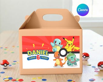 Pokemon Birthday Gable Box Label Canva Template, Editable Printable Favor Box Tag for Kids Party, Pikachu Theme Party Decoration Box Sticker