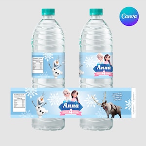 May include: Two clear water bottles with teal caps and custom labels. The labels feature the characters Anna and Elsa from Frozen, snowflakes, and the text "Anna 4 years". A third label is shown below.