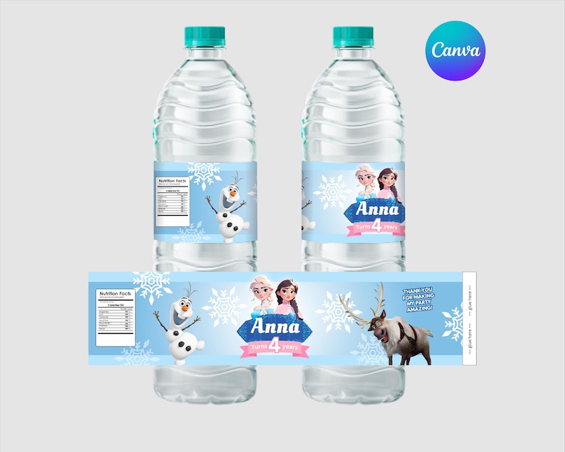 May include: Two clear water bottles with teal caps and custom labels. The labels feature the characters Anna and Elsa from Frozen, snowflakes, and the text "Anna 4 years". A third label is shown below.