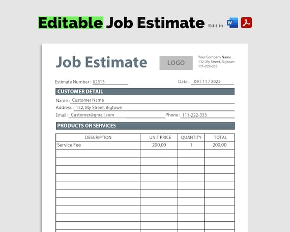 Printable Job Estimate Template Job Estimatetemplate Job - Etsy