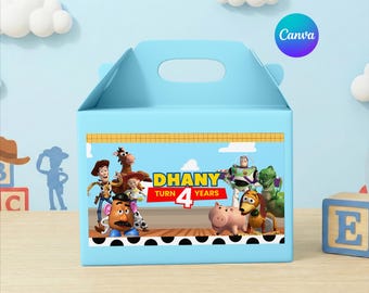 Etiqueta editável para caixa de brinquedos Toy Story, lembrancinha personalizada para festa de aniversário (download digital)