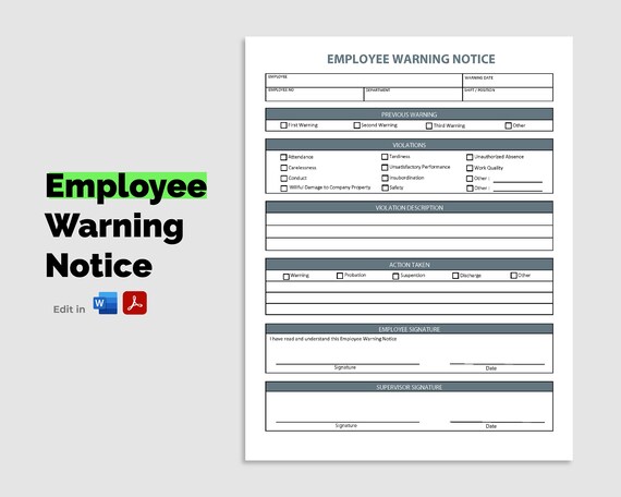 Editable Employee Warning Notice. Pdf/microsoft Word. Employee - Etsy
