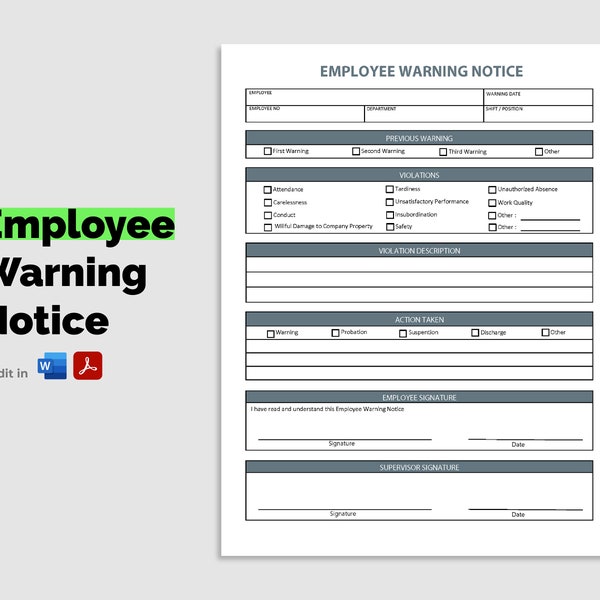 Editable Employee Warning Notice. PDF/Microsoft Word. Employee Write Up. Employee Performance. Employee Discipline.