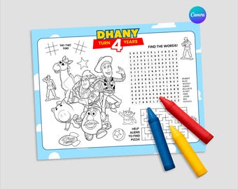 Jogo americano e página para colorir com tema Toy Story para festa de aniversário. Modelo editável do Canva para atividades em festas infantis.