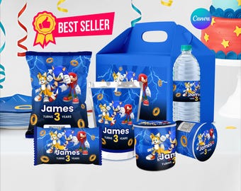 Kit de lembrancinhas para festa de aniversário do Sonic The Hedgehog: modelo editável no Canva, etiquetas para saco de salgadinhos, garrafa de água e caixa de papelão para imprimir (download digital).