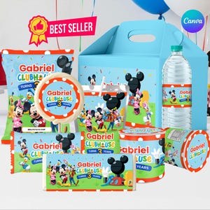 May include: A selection of party items with a Mickey Mouse theme. Includes a blue gift box, water bottle, chip packets, sweets, and a lollipop. The text "Gabriel Clubhouse Turns 3 Years" is displayed. A "Best Seller" sticker is also visible.
