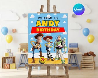 トイストーリーのウェルカムサイン、誕生日Canvaテンプレート、編集可能なパーティーポスター
