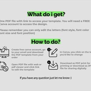 May include: A light gray graphic with the text "What do I get?" and "How to do?" in green. The image provides instructions on accessing and editing a template using a free Canva account, including downloading the PDF.