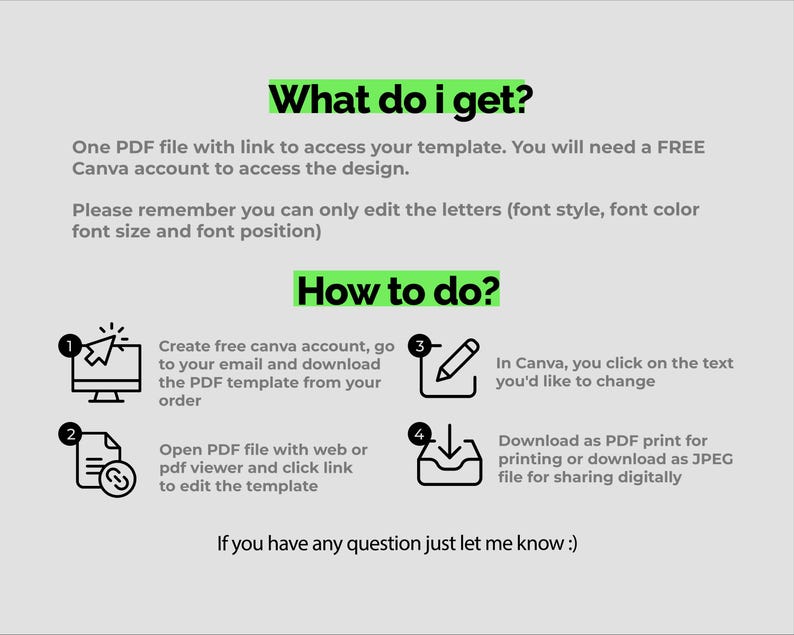 May include: A light gray graphic with the text "What do I get?" and "How to do?" in green. The image provides instructions on accessing and editing a template using a free Canva account, including downloading the PDF.