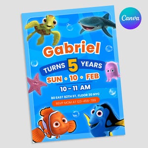 Findet Nemo Geburtstagseinladung, Canva-Vorlage, bearbeitbare digitale Einladung für Unterwasserparty
