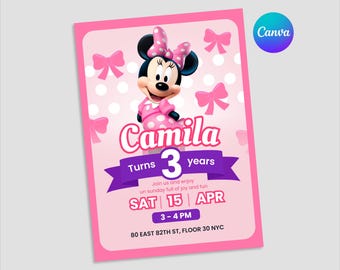 Redigerbar mall för Minnie Mouse-födelsedagsinbjudan, Disney-fest (digital nedladdning)