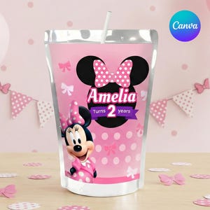 Plantilla de etiqueta Capri Sun de cumpleaños de Minnie Mouse, envoltorio de bebida editable (descarga digital)