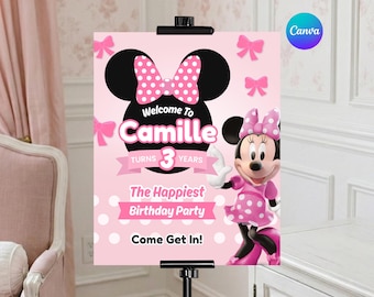 Placa de boas-vindas da Minnie Mouse, modelo Canva para aniversário, decoração de festa editável
