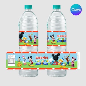 Editable Mickey Mouse Clubhouse Birthday Water Bottle Wrapper Canva Template, Personalized Mickey Party Labels Digital Download