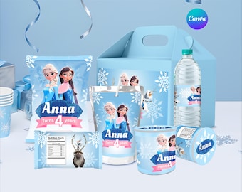 Paquete de recuerdos para fiesta de cumpleaños de Frozen, plantilla editable de Canva (descarga digital)
