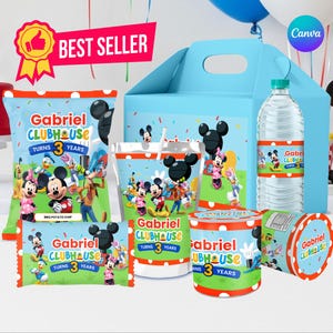 Musse Pigg Klubbhus Festgåva Bunt Redigerbar Canvasmall, Utskrivbar Chipspåse, Vattenflaska, Gavellåda Etiketter Digital Nedladdning