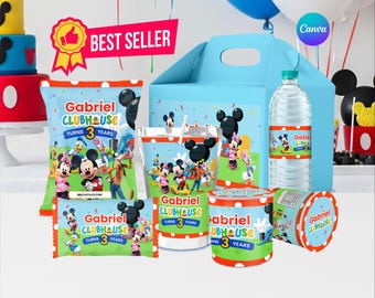 Pacote de lembrancinhas para festa da Casa do Mickey Mouse - Modelo editável no Canva, decoração de aniversário do Mickey, download digital