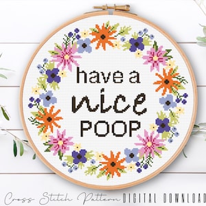 Floral Sassy Cross Stitch Pattern: Funny Bathroom Embroidery (Digital Download PDF)