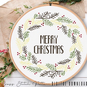 Christmas Wreath Cross Stitch Pattern: Modern Holiday Sampler (Digital Download PDF)
