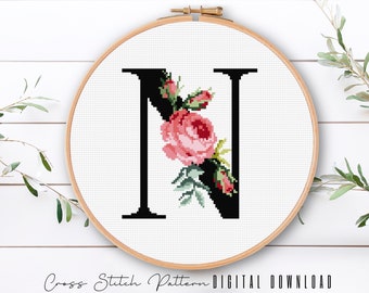 Floral Letter N, Cross Stitch Alphabet Pattern, Monogram With Flower, Counted Cross Stitch Sampler, Initial Embroidery, Digital Download PDF