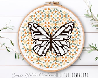 Butterfly Floral Cross Stitch Pattern: Modern Embroidery Hoop Art (Digital Download)