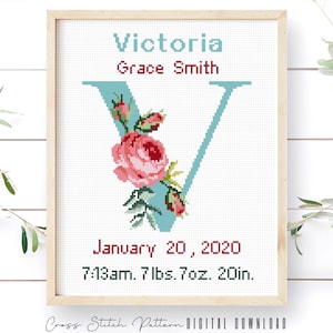 Birth Announcement Cross Stitch Pattern, Boy, Girl Nursery Decor, Personalized Gift, Modern Counted Cross Stitch Sampler, Digital Download