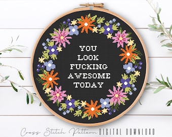 Funny Floral Cross Stitch Pattern: Sassy Feminist Embroidery (Digital Download PDF)