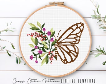 Butterfly Floral Cross Stitch Pattern: Modern Embroidery Hoop Art (Digital Download)