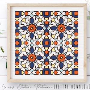 Modern Cross Stitch Pattern, Counted Cross Stitch Sampler, Tile Embroidery, Mosaic Cross Stitch, Colorful Cross Stitch, Digital Download PDF