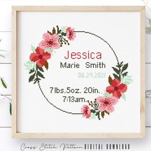 Floral Birth Announcement Cross Stitch Pattern: Modern Nursery Decor (Digital Download)