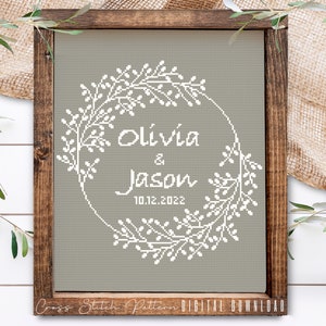 Wedding Modern Cross Stitch Pattern, Personalized Counted Cross Stitch, Wedding Anniversary Sampler, Engagement Gift, Digital Download PDF