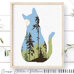 May include: Cross stitch pattern of a blue cat silhouette with a forest scene inside. The cat is sitting with its tail curled around its body. The forest scene is made up of green and brown trees. The pattern is a digital download.