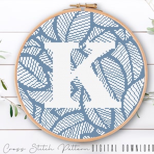 Letter K, Cross Stitch Alphabet Pattern, Modern Monogram, Counted Cross Stitch Sampler, Initial Embroidery, Hoop Art, Digital Download PDF