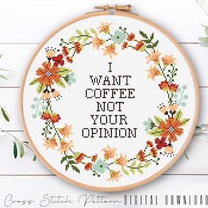 Funny Coffee Cross Stitch Pattern: Subversive Floral Embroidery (Digital Download PDF)