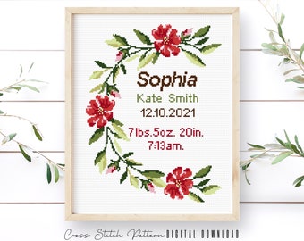 Birth Announcement Cross Stitch Pattern, Boy, Girl Nursery Decor, Personalized Gift, Modern Counted Cross Stitch Sampler, Digital Download