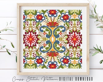 Modern Floral Cross Stitch Pattern, Cross Stitch Leaves, Flower Embroidery, Easy Counted Cross Stitch Sampler, Hoop Art, Digital Download