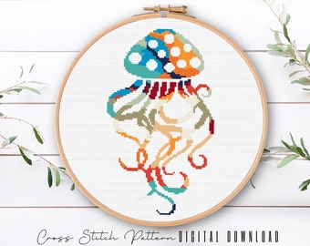 Modern Sea Life Cross Stitch Pattern, Jellyfish Cross Stitch, Ocean Counted Cross Stitch Sampler, Beach Embroidery, Digital Download PDF