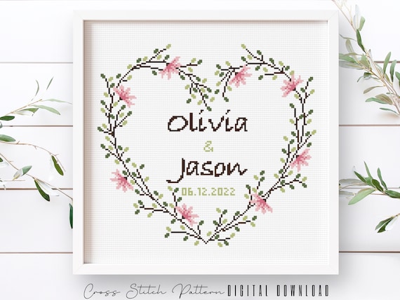 Wedding Modern Cross Stitch Pattern, Personalized Counted Cross Stitch, Wedding Anniversary Sampler, Engagement Gift, Digital Download PDF