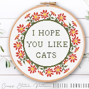 Funny Cross Stitch Pattern, Cat Lovers Counted Cross Stitch, Floral Cross Stitch, Funny Embroidery Pattern, Home Decor, Digital Download PDF