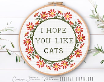 Funny Cross Stitch Pattern, Cat Lovers Counted Cross Stitch, Floral Cross Stitch, Funny Embroidery Pattern, Home Decor, Digital Download PDF