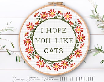 Funny Cat Cross Stitch Pattern: Floral Embroidery (Digital Download PDF)