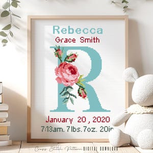 Patrón de punto de cruz para anuncio de nacimiento, decoración de guardería con la letra R, muestrario de registro de nacimiento personalizado para punto de cruz, regalo para bebé, descarga digital en PDF