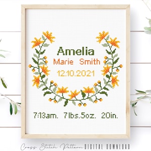 Birth Announcement Cross Stitch Pattern, Boy, Girl Nursery Decor, Personalized Gift, Modern Counted Cross Stitch Sampler, Digital Download