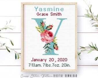 Birth Announcement Cross Stitch Pattern, Boy, Girl Nursery Decor, Personalized Gift, Modern Counted Cross Stitch Sampler, Digital Download