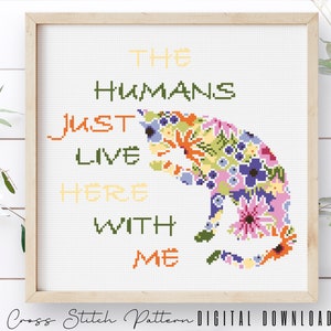 Katze Kreuzstich Muster, lustige Katze Silhouette Zählbild, florale Katze Stickerei, moderne Hoop Art DIY, sofortiger Download PDF