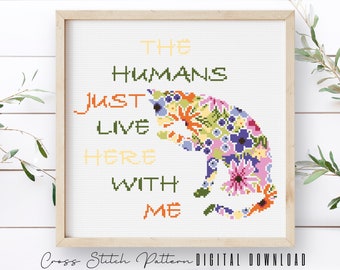 Cat Cross Stitch Pattern, Funny Cat Silhouette Counted Cross Stitch Chart, Floral Cat Embroidery, Modern Hoop Art DIY, Instant Download PDF