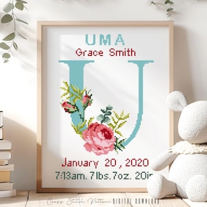 Patrón de punto de cruz para anuncio de nacimiento, decoración de guardería con la letra U, muestrario de registro de nacimiento personalizado para punto de cruz, regalo para bebé, descarga digital en PDF