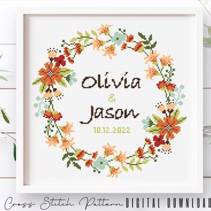 Wedding Modern Cross Stitch Pattern, Personalized Counted Cross Stitch, Wedding Anniversary Sampler, Engagement Gift, Digital Download PDF