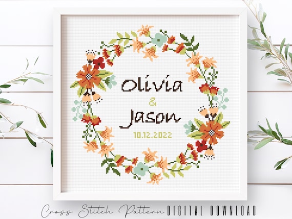 Wedding Cross Stitch Pattern: Personalized Floral Wreath (Digital Download PDF)