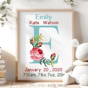 Patrón de punto de cruz para anuncio de nacimiento, decoración de guardería con la letra E, muestrario de registro de nacimiento personalizado para punto de cruz, regalo para bebé, descarga digital en PDF